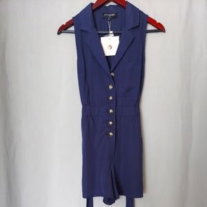 NWT Kittenish Navy Blue Sleeveless Button Up Romper w/ Belt & Pockets Size Small